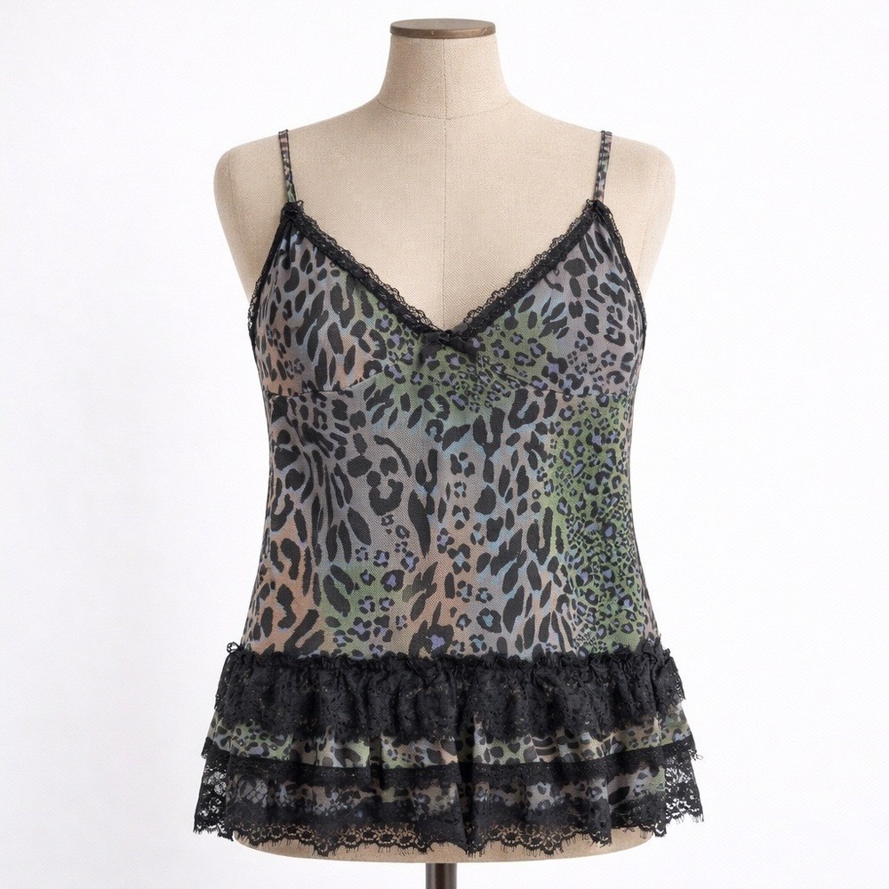 Y2K‎ Whimsigoth Sheer Mesh Babydoll Cami Top Size S Leopard Fairy Grunge Ruffle